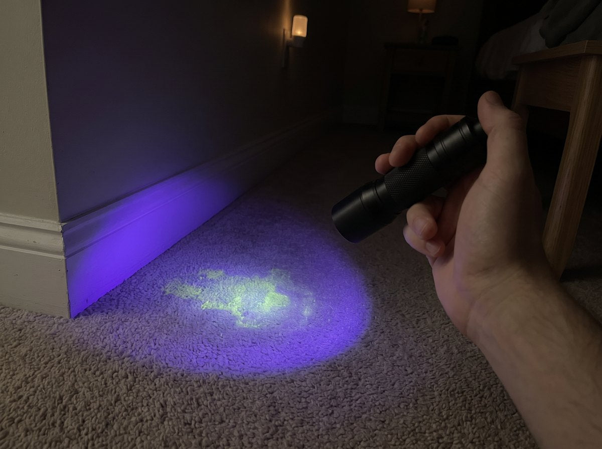 A UV light showing a glowing urine spot on carpet by the wall