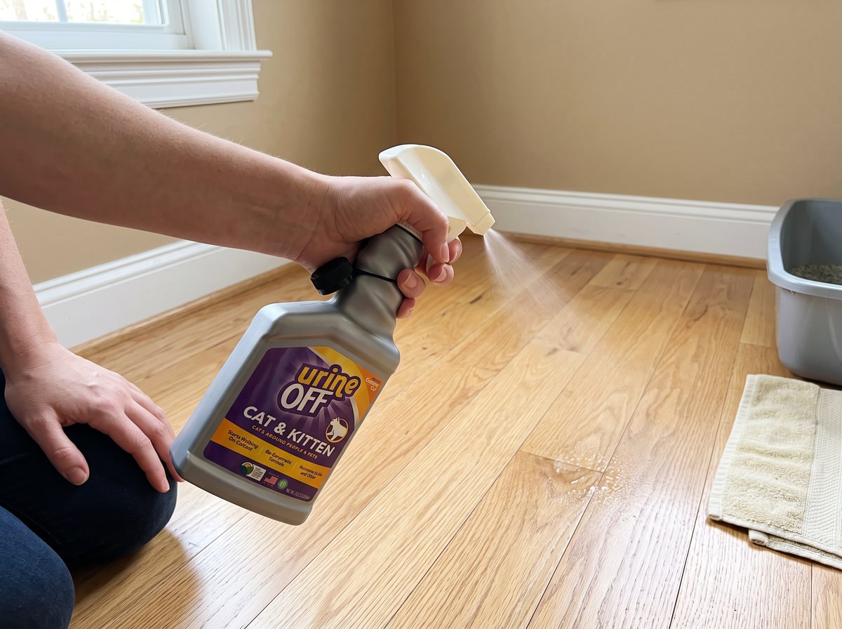 Spraying a hardwood floor next to a litter box